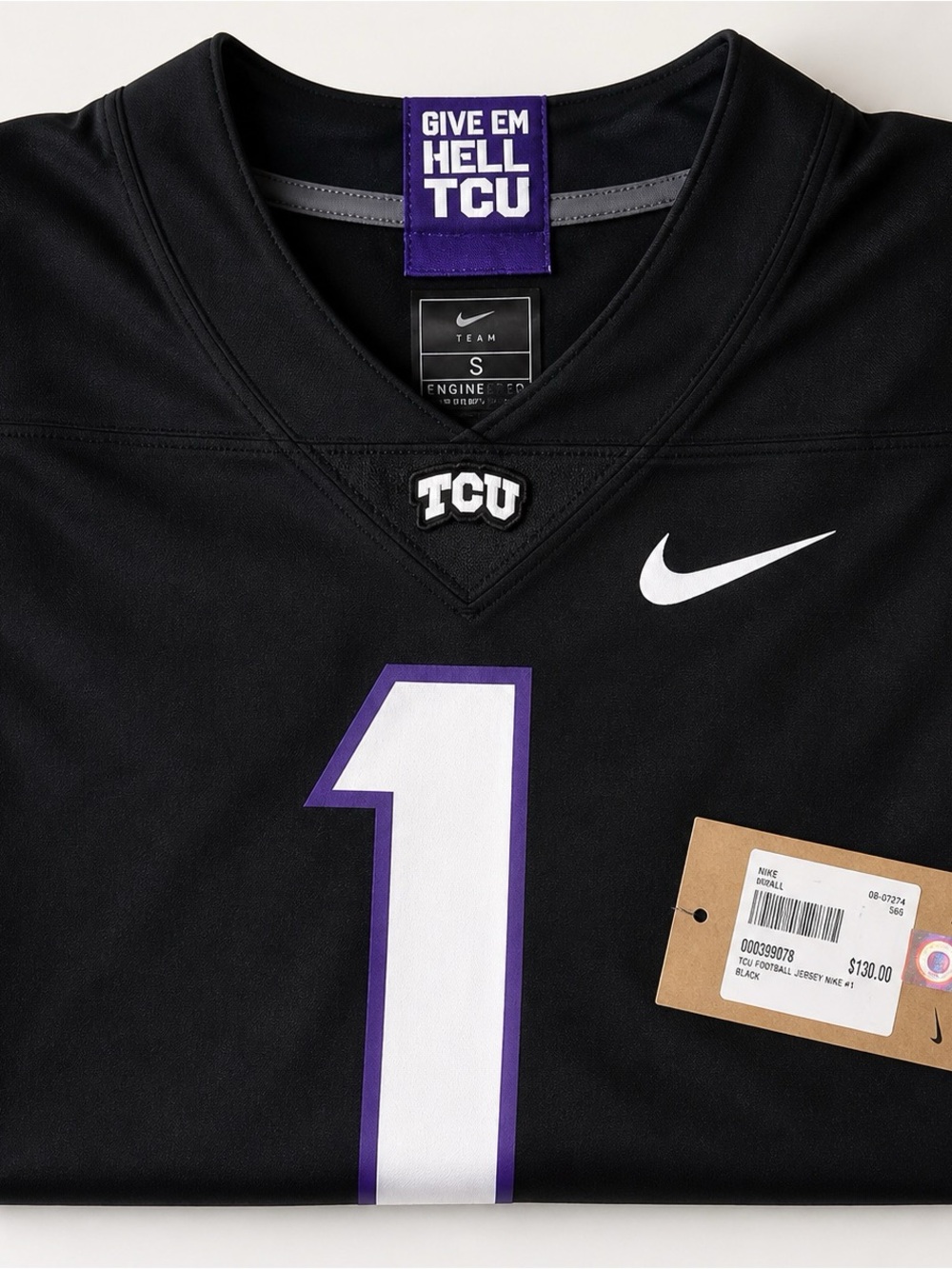 Nike Black TCU Football Jersey with White Number and Purple Trim
